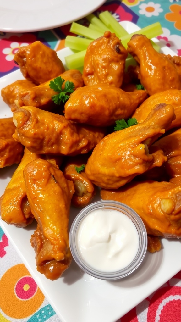 Crispy chicken wings on a plate with ranch dressing and celery sticks.